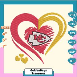 NFL Kansas City Chiefs Heart Embroidery Design, NFL Football Logo Embroidery Design, Famous Football Team Embroidery Design, Football Embroidery Design, Pes, Dst, Jef, Files