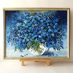 Impasto Bouquet of Forget-me-nots Painting Blue Flowers Art