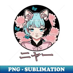 meow - flowers and an anime cat girl - Special Edition Sublimation PNG File - Perfect for Personalization