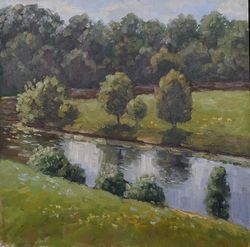 on the river in summer oil painting landscape nature original art trees water small oil painting