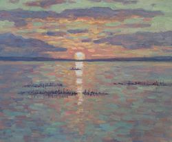last sunset of summer oil painting landscape water sun beautiful painting oil painting original art