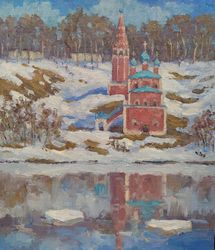 Spring landscape with a church Old architecture Snow River Water Reflection Oil Painting Original Art