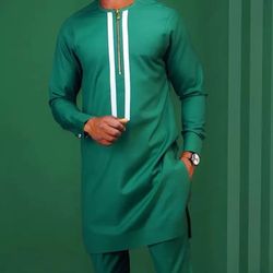 2pcs african men ankara suit with matching pants, fashion wear for men- Green