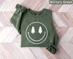 Christmas Smiley Face Sweatshirt, Christmas Tree Shirt, Womens Christmas Sweater, Christmas Crewneck, Holiday Sweater, G