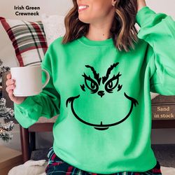 Grinch Face Crewneck, Christmas Sweatshirt, Grinch Smile, Fall, Sweatshirt, Pullover, Autumn, Cozy Clothing