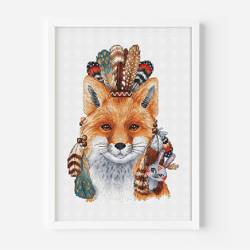 Fox Cross Stitch Pattern PDF, Indian War Bonnet Design Counted Cross Stitch, Cunning Bunny Hand Embroidery Digital File