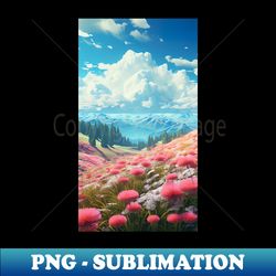 anime landscape with clouds and flowers - high-quality png sublimation download - enhance your apparel with stunning detail