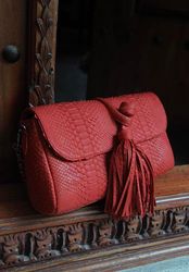 Genuine Python Skin Clutch with tassel |women purse | exotic leather bags | red evening clutch | designer crossbo