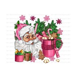 Pink Christmas hot chocolate coffee cup with Santa png sublimation design download,Christmas png,coffee cup png,Santa png,sublimate download
