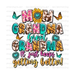 Mom grandma great grandma it just keeps getting better png, western mom png, Mother's Day png, sublimate designs download