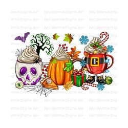 Hallothanksmas coffee mugs png sublimation design, Merry Christmas png, Thanksgiving png, Happy Halloween png, sublimate designs download