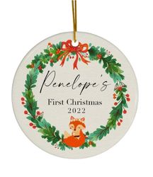 2023 Babys First Christmas Ornament, Personalized Fox and Wreath Ornament, Woodland Baby Girl and Baby Boy Keepsake