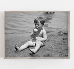 Boy Eating Ice Cream, Vintage Beach Art, Black and White Art, Vintage Wall Art, Beach Wall Art, Funny Art, DOWNLOAD, PRI