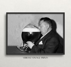 fat man drinking beer, black and white art, vintage wall art, giant beer glass, funny, bar wall decor, digital download,