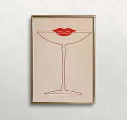 martini glass and lips, bar wall decor, vintage wall art, minimalist wall art, woman and martini art, digital download,