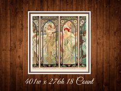 Four Times of the Day | Cross Stitch Pattern | Alphonse Mucha 1899 |  401w x 276h - 18 Count | PDF Vintage Counted