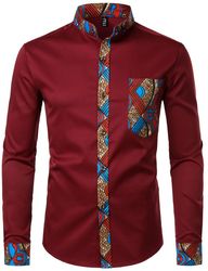 Mens Native African Shirt With Kente, African Men Modern Style Shirt-Wine,free DHL shipping