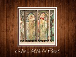 Four Times of the Day | Cross Stitch Pattern | Alphonse Mucha 1899 | 642w x 442h  - 14 Count | PDF Vintage Counted