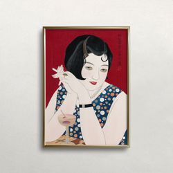 woman portrait, vintage wall art, bar cart decor, bar wall decor, japanese matchbox label art, digital download, printab