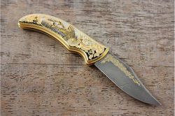 Handcrafted jewelry 999 gold plated knife with damascus steel blade "Leopard"