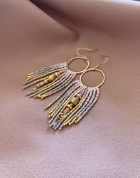 Pastel dusty pink beaded hoops earrings - Boho fringe earrings - Dangle unique high quality earrings