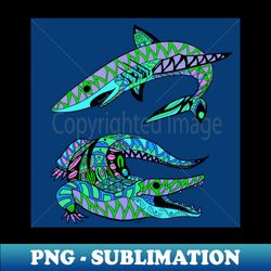 tank of gators and sharks ecopop art with mexican print pattern - PNG Transparent Digital Download File for Sublimation - Perfect for Sublimation Mastery