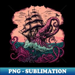 Pirate ship being attacted by a giant pink cotopus - High-Resolution PNG Sublimation File - Vibrant and Eye-Catching Typography