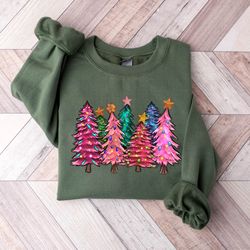 Cute Pink Merry Christmas Trees Sweatshirt, Womens Christmas Sweatshirt, Merry And Bright, Holiday Sweater, Winter Shirt
