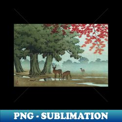 Deer of Nara Park by Kawase Hasui - PNG Transparent Digital Download File for Sublimation - Vibrant and Eye-Catching Typography