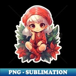 Elf sitting amidst Poinsettia flowers - High-Quality PNG Sublimation Download - Bold & Eye-catching