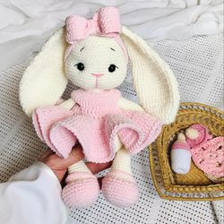 bunny in dress crochet rabbit knitted amigurumi animal toy handmade gift for baby girl  bow doll easter for toddler diy