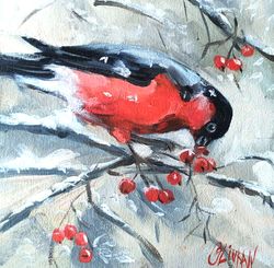 Bullfinch Art Bird Original Oil Artwork Bird Painting by OlivKan