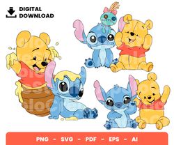 Bundle Layered Svg, Winnie and Stitch Baby Svg, Baby Shower, Digital Download, Clipart, PNG, SVG, Cricut, CutFile
