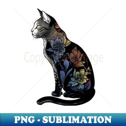 Vibrant Lotus Cat - Black and White Feline with Colorful Flower Design - Decorative Sublimation PNG File - Perfect for Creative Projects