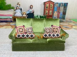 Set of pillows with hand embroidery. 1:12. Dollhouse miniature, doll accessories.