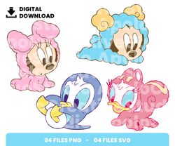Bundle Layered Svg, Baby Mickey, Baby Minnie, Baby Donald, Baby Daisy, Digital Download, Clipart, PNG, SVG, Cricut