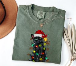 Cat Christmas Shirt, Comfort Colorsr Tshirt Women, Christmas Lights Holiday Sweater, Funny Christmas Shirts for Women
