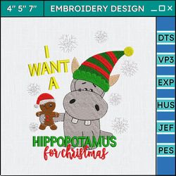 Christmas Embroidery Designs, Christmas Hippo Embroidery, Christmas Animal Embroidery Filles, Merry Xmas Embroidery