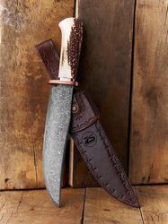 Beautiful Custom Handmade Damascus Steel Bowie Hunting Knife Stag Horn Handle Knife D-16