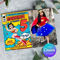 Wonder Woman Birthday Girl Invitation with photo , Any Age Birthday Girl Invitation Comic style Canva Editable