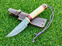 Custom Handmade Skinner Hunting Knife 8" Fixed Blade Damascus Steel Bone Handle