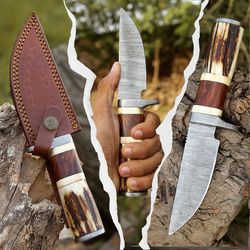 Custom Handmade Damascus Steel Hunting Knife | Personalized Gift for Groomsmen, Wedding, Father's Day | Anniversary Gift