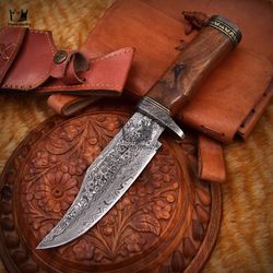 handmade damascus steel hunting bowie knife with sheath, bush craft dagger battle ready kitchen knife, best gift am004