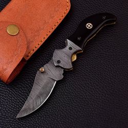 CUSTOM HANDMADE Folding Knife, 7.5 inch,Damascus Bolster Buffalo Horn ,Anniversary gift, Birthday gift, best gift, Chris