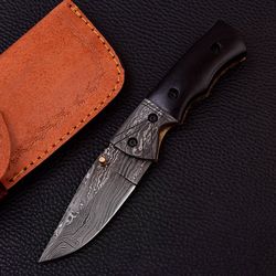 CUSTOM HANDMADE Folding Knife, 7.5 inch, Damascus Bolster Buffalo Horn ,Anniversary gift, Birthday gift, best gift, Chri