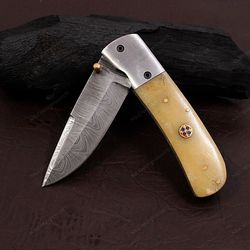 Handmade Folding Knife. Damascus Folding Knife, Camping Knife, Hand Forged Knife, Pocket Knife. Anniversary Gift. Best G