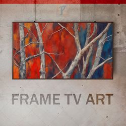 samsung frame tv art digital download, frame tv art modern interior art, frame tv bare tree trunks, autumn fiery foliage