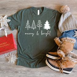 Merry & Bright Christmas Trees Shirt, Christmas Shirt, Women Christmas Shirt, Christmas Gift, Pine Tree Shirt, Christmas
