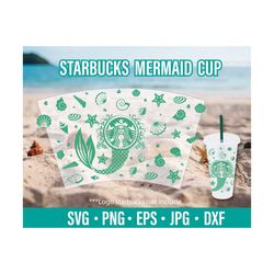 full Wrap Mermaid Tail Starbucks Cup svg and Sea Element file for Cricut & Silhouette | Ocean Mermaid Tail DIY Cold Cup.