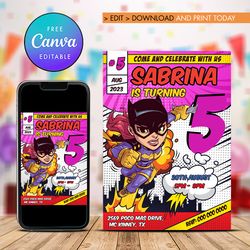 Batgirl Birthday Girl Invitation, Any Age Birthday Girl Invitation Comic style Canva Editable Instant Download